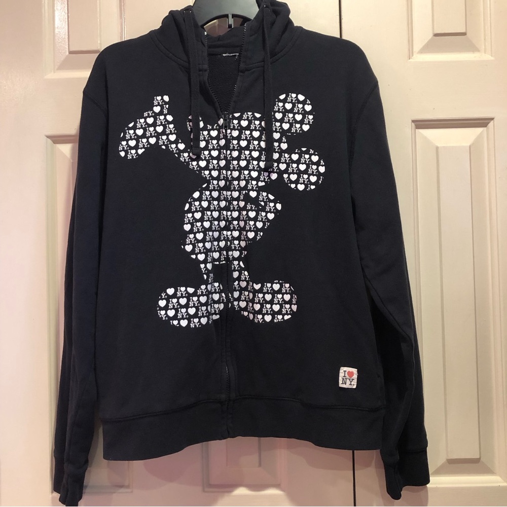 Disney Mickey Mouse I Love NY Black Zip Up Hoodie Sweatshirt Black Size L